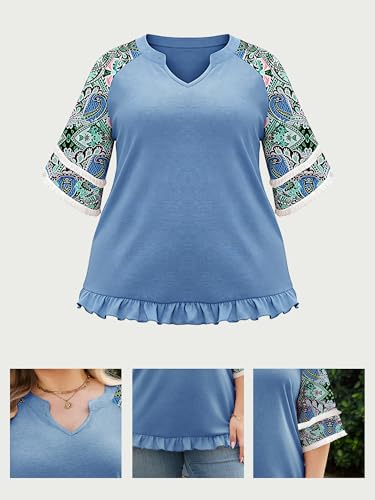 HDLTE Womens Plus Size V Neck T Shirts Summer Half Sleeve Casual Loose Tees Color Block Fashion Tunic Tops with Tassel Blue — view 5
