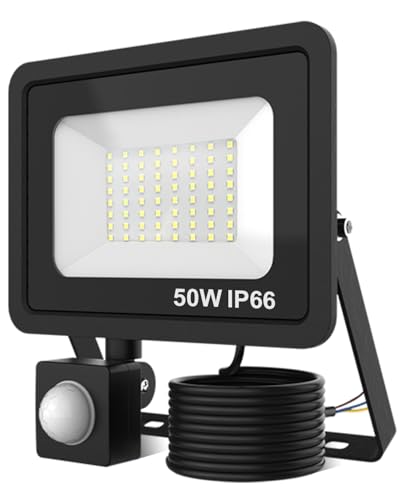 Onalix Projecteur LED Extérieur 50W avec Détecteur de Mouvement, 5000LM, 6000K Blanc Froid Spot, IP66 Étanche Spot Extérieur LED, Économie d'Énergie, pour Jardin, Garage, Patio, Cour, Entrée (Noir)