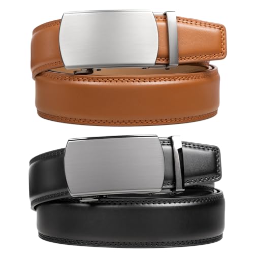 Image of 2 Pack Ratchet Belt 1 3 /8 inch, Mens leather Dress Belt in Gift Set Size 28 inch-62 inch Adjustable waist Trim to Fit