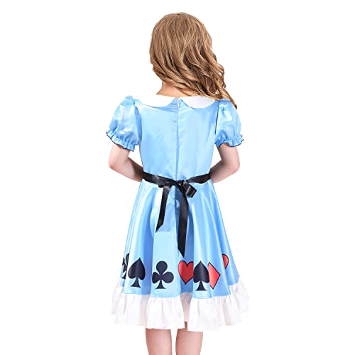 Sunny Fashion Girls Dress Blue Poker Cards Bow Collar Puffy Sleeve Swing3