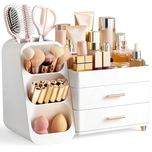 HBlife Makeup Kosmetik Organizer mit Schubladen, Pinsel Organizer, 3-in-1 Plastic Kosmetik Aufbewahrungsbox, Schmink Aufbewahrungskasten Große Lagerung Weiß