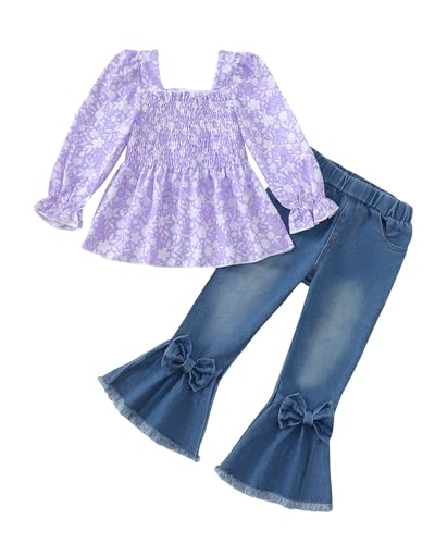 Kucnuzki Toddler Kids Girls Clothes Short Sleeve Shirt Top Flare Denim Jeans 2 Piece Outfits For Girls Cute Clothing Set