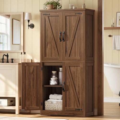Image of TEENFON 58 inch H Storage Cabinet with Adjustable Shelf, Kitchen Cabinet with 4 Doors, Farmhouse Pantry Cabinets, Cupboard for Kitchen, Bathroom, Living Room, Walnut