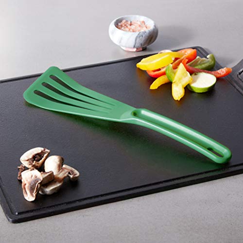 Image of Mercer Culinary Hell's Tools Hi-Heat Slotted Spatula, 12 Inch x 3.5 Inch, Green