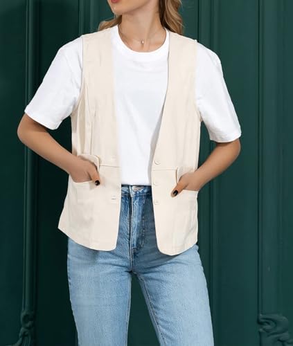 Ceehuteey Women Cotton Linen Vest V-Neck Cardigans Casual Waistcoat Vest3