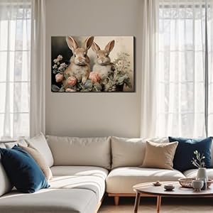 FLWAN Framed Easter Wall Art for Living Room Decorations Vintage Bunny Floral Painting Canvas Prints for Bedroom Farmhouse Rabbit Artwork Picture Wall Decor Spring Easter Decor P41