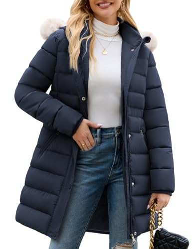 Yuson Girl Abrigos de Mujer para Invierno Chaqueta Largo Cálida Cremallera Acolchada Parka con Capucha Prueba de Viento Jacket Elegante Casual Chaquetón Exteriores con Bolsillo(Azul marino, S)