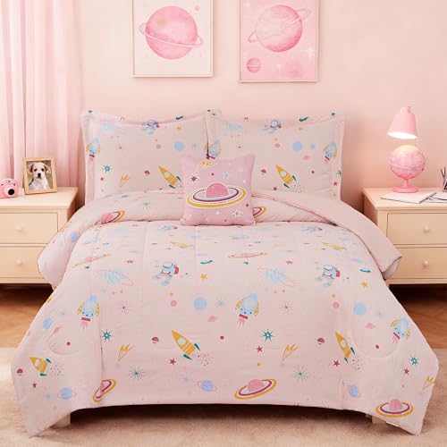 Image of Kaleido Space Glow in The Dark Kids Comforter Set Full Size for Girls, Planet Bedding Set 1 Comforter, 1 Decor Pillow, 2 Pillow Shams