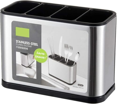 ZOCKRIX Stainless Steel Kitchen Cutlery Holder – 4 Compartment Utensil Organizer & Drainer Stand for Spoons, Forks, Knives – Rust-Resistant, Compact Design