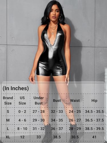 Image of EHSUYAB Sexy Metallic Bodycon Romper, Tie Halter, One Piece Backless Club Outfit