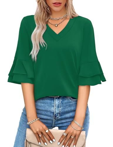 Image of OFEEFAN Spring Tops for Women Boho Shirts Fashion Clothing Cute 3 /4 Length Sleeve Blouses Dressy Casual Summer Outfits