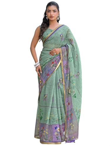 Image of SIRIL Women's Cotton Linen Printed Zari Border Saree with Unstitched Blouse Piece