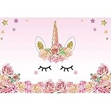 YongFoto 2,2x1,5m Foto Hintergrund Einhorn Rosa Einhorn Party Rosen Blumenrand Muster Niedlich Gold Star Fotografie Hintergrund Geburtstagsfeier Babydusche Kinder Baby Mädchen Fotostudio Requisiten