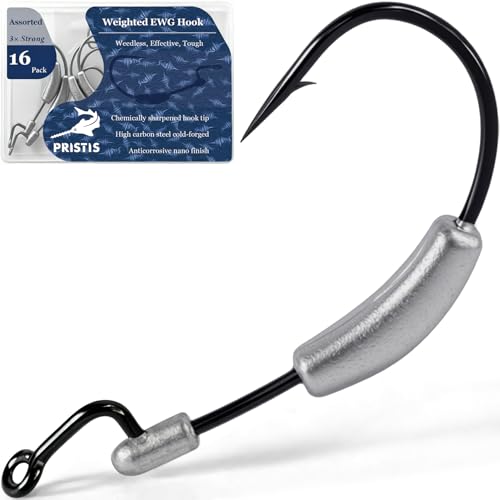 Pristis 16 Pack Weighted EWG Hooks, 3X Strong High Carbon Steel Inline Wide Gap Fishing Hook Set for Saltwater Freshwater, Reinforced Weedless Texas Rig Jig for Bass Walleye Catfish, Assorted Pack