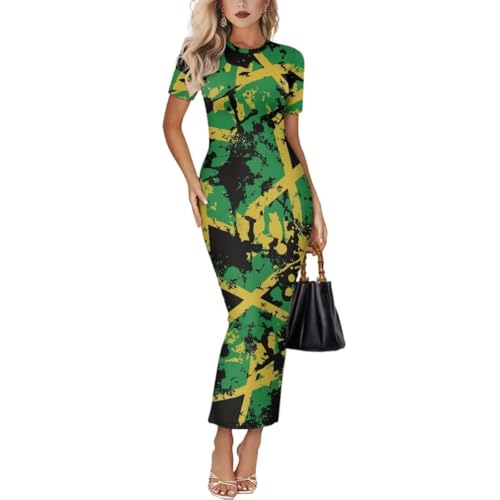 Image of Womens Short Sleeve Jamaican Flag Midi Bodycon Dress
