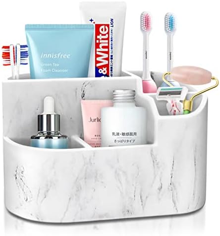 Toothbrush Holders for Bathrooms, Bathroom Organizer Countertop 5 Slots Electric Tooth Brush Toothpaste Holder Bathroom Counter Stand Sink Organizer for Bathroom/Vanity/Offices,White Marble…