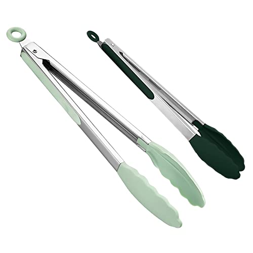 UPTALY Lot de 2 pinces de cuisine avec embouts en silicone, 1 vert foncé (27,5 cm) + 1 vert clair (34,5 cm), résistance à la chaleur jusqu'à 248 °C, Pinces à barbecue en acier inoxydable Cover