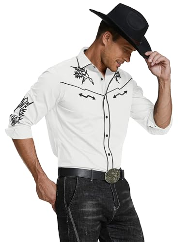 Chemise cowboy brodée COOFANDY en coton blanc extensible confort XL