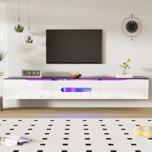 BTM Meuble TV Blanc et Noir avec Éclairage LED, Meuble TV Moderne avec Rangement, Meuble Télé 180cm pour Salon, Suspendu ou au Sol, Porte Pliante Haute...