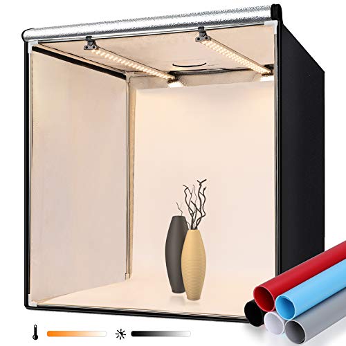 FOSITAN Photo Studio Light Box 24/60cm Dimmable Photography Lighting Shooting Tent Kit with 2 Bi-Color Led Light Bars 252 LED Light Beads 5 Colors Backgrounds (with Black Blue White red Gray)