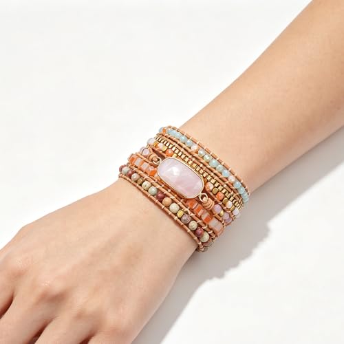 Image of Plumiss Women Boho Handmade Natural Stone Crystal Leather Bead Wrap Bracelets Collection