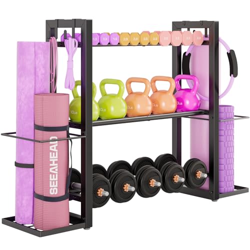 3-Tier Adjustable Dumbbell Rack Heavy Duty Metal Storage Rack, Dumbbell Weight Rack and Kettlebells Rack, Yoga Mat Organizer, Multi-Purpose Gym Equipment Storage Stand for Home Gym Accessories