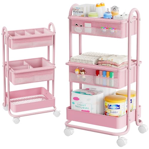 Image of Modanais Baby Diaper Caddy Organizer Cart - 3 Tier Rolling Storage Cart with Wheels, Baby Essentials for Nursery Storage, Detachable Dividers - for Crib, Bedroom, Art & Craft Organizer (Pink)