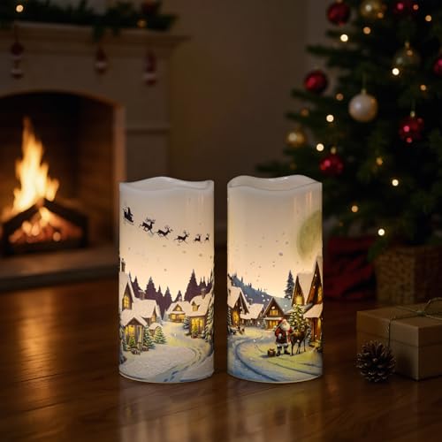 Image of GenSwin Christmas Flameless Candles with Remote Timer, Set of 2 Christmas LED Battery Operated Pillar Candles with Snow House, Santa, Reindeer Decals for Holiday Winter Party Home Decor(D3 inch x H6 inch)