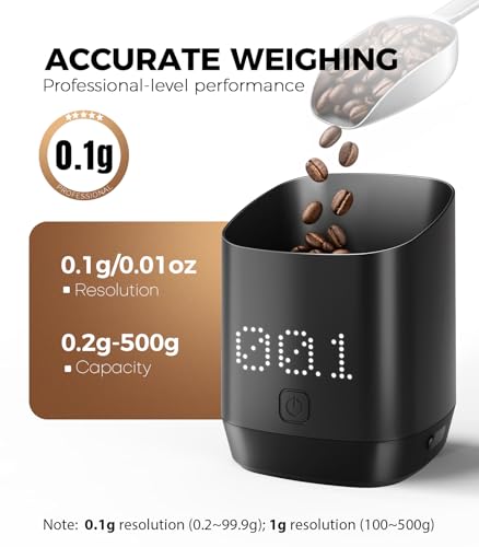 Image of Atogou Coffee Bean Scale, Coffee Dosing Cup with LED Display, 0.1g /0.01oz, Accurate Dosing, IPX4 Waterproof, USB Charging, Grams and Ounces, Perfect for Pour-Over & Espresso, Black