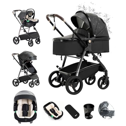 Kakbgee Cuirs Poussette Combinée 3 en 1, Poussettes Citadines Avec Siège Auto ECE R129, Poussette Portable Pliant en Un Clic, Nacelle Souple Convertible...