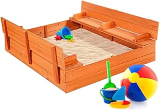 Best Choice Products 47x47in Kids Large Wooden Sandbox for Backyard, Outdoor Play w/ Cedar Wood, 2 Foldable Bench Seats, Sand Protection, Bottom Liner - Brown