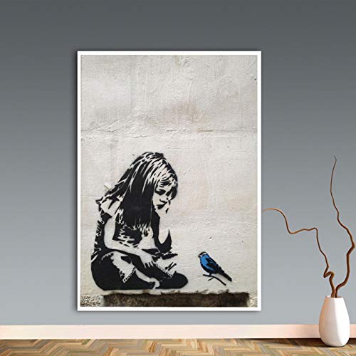 Graffiti Street Art Girl With Blue Bird Posters and Prints Nordic Canvas Art Print Wall Pictures Wall Art Décoration de la maison 60x80cm (24x32in) avec cadre