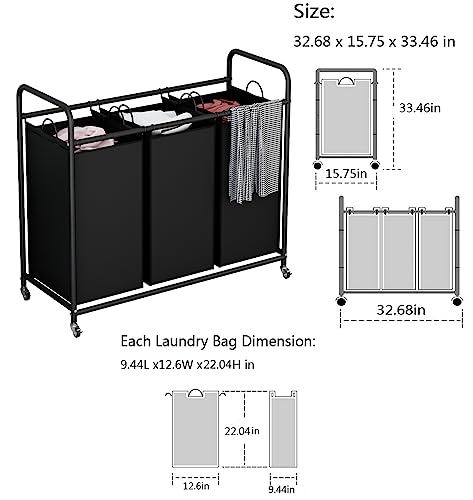 Linzinar AZ9000 3-Bag Laundry Basket Hamper Laundry Sorter Cart Laundry Room Organization thumb #4