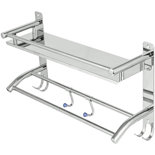 Image of Pivalo 2 in 1 304 Grade Stainless Steel Bathroom Shelf with Hook Hanger Multipurpose Home Accessories Organizer Set Corner Wall Mount Rack for Towel Soap & Toothbrush (Pack of 1, Silver, 1001)