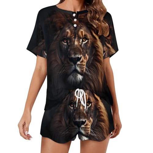 Image of Animal King Lion Short Sleeve Pajama Set for Women 2 Piece Lounge Sets Soft Round Neck Top And Shorts Sleepwear 4XL