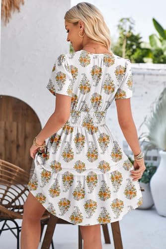 Image of Duigluw Dresses for Women 2025 Casual Summer Short Sleeve V Neck Beach Mini A-Line Ruffle Flowy Dress