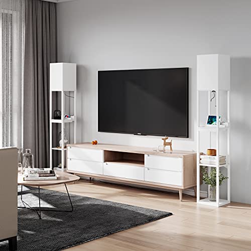 Image of SUNMORY Dimmable Floor Lamp with Shelves,Modern Solid Wood Standing Lamp with 1 Drawer and 2 USB Ports & 2 Power Outlet,Corner Tall Bookshelf Lamp for Living Room and Bedroom(White)