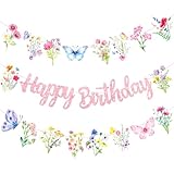 Wildflowers Happy Birthday Banners 3Pcs Pink Butterfly Theme Party Decorations for Women Girl Spring Birthday Baby Shower Supplies