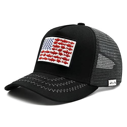 Waldeal Fish Flag Trucker Hat, American Flag Embroidered Adjustable Snapback Mesh Baseball Cap For Men Women Black #TOP20