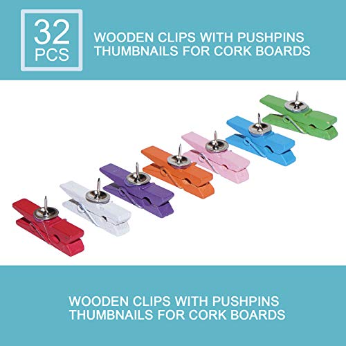 image for UpdateClassic 32 PCS Wood Push Pin Clips, Colorful Push Pins Decorativ