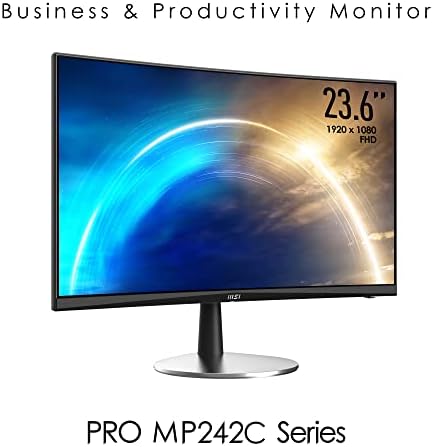 MSI PRO MP242C 23.6'' Curved Monitor, Adjustable, 1500R, FHD(1920 x 1080), 75Hz, VA, 5ms, HDMI, VGA, Built-in Speakers, Anti-Glare, Anti-Flicker, Less Blue light, TÜV Certified, VESA, Kensington