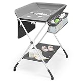 BABY JOY Baby Changing Table, Height Adjustable 4 in 1 Folding Diaper Station w/Detachable Wheels, Safety Belt, Storage Rack & Bag, Waterproof Pad, Portable Nursery Organizer for Infant Newborn, Gray