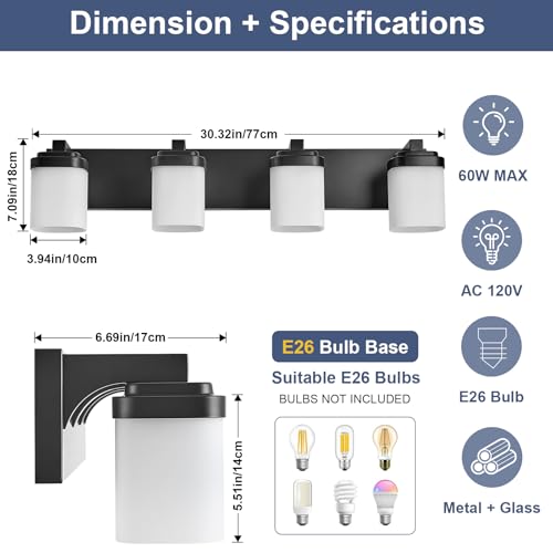 Image of 29 Inches Bathroom Vanity Light, 4-Light Black Bathroom Light Fixtures Over Mirror, Bathroom Light Shower Lamp with Milky White Square Glass Shade, Modern Farmhouse Lighting Fixtures