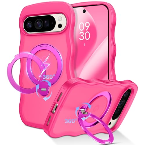 Coque Google Pixel 10Pro antichoc rose vif antichoc ondulée à bague 360