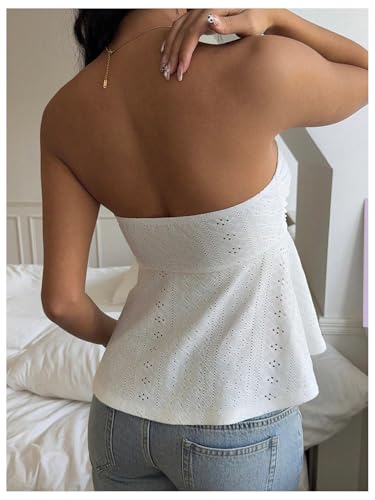 Milumia Women's Eyelet Embroidery Tie Front Ruched Bandeau Tube Top Strapless Flared Peplum Tank Tops3