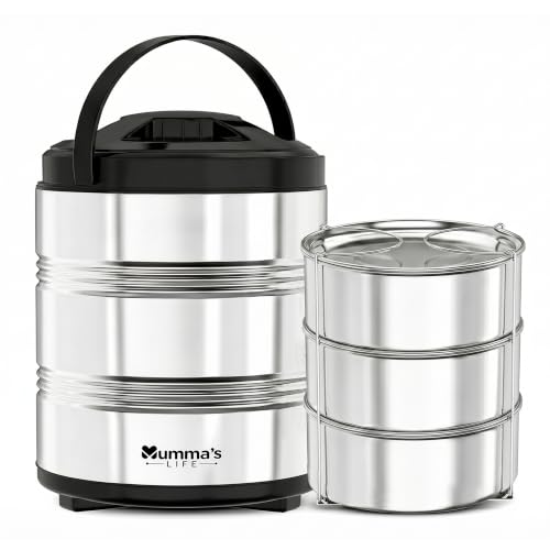 Image of Mumma's LIFE Lunch Box Steel Stainless | 3 Container Multipurpose Dishwasher Safe Tiffin Box for Office Use & School | Silver Finish Meal Carrier for Daily Use