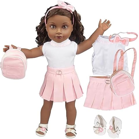 Dress Along Dolly 5pc Casual School 18" Doll Outfit w Pink Backpack- American Clothes & Accessories Set Includes Shirt, Skirt, Shoes, Backpack, & Hairband- Perfect Girl Gift Set for Less Cover
