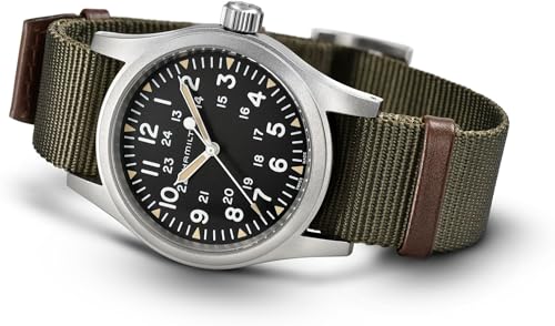 Image of Hamilton Khaki Field Mechanical Men's Watch, 38mm Stainless Steel Case, Swiss Made, Black Dial Analog Wrist Watch for Men, 50m Waterproof, Sapphire Crystal, Textile Strap
