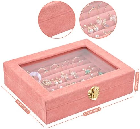 Fangehong 7 Slots Jewellery Box for Ring Earring, Velvet Jewelry Display Tray, Jewelry Storage Case Organiser with Clear Glass Lid for Women Girls Stud Earring Holder (15x20cm, Pink)