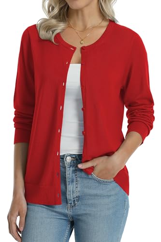 Image of QUALFORT Women's 100% Cotton Lightweight Cardigans Long Sleeve Knitted Button Down Sweater